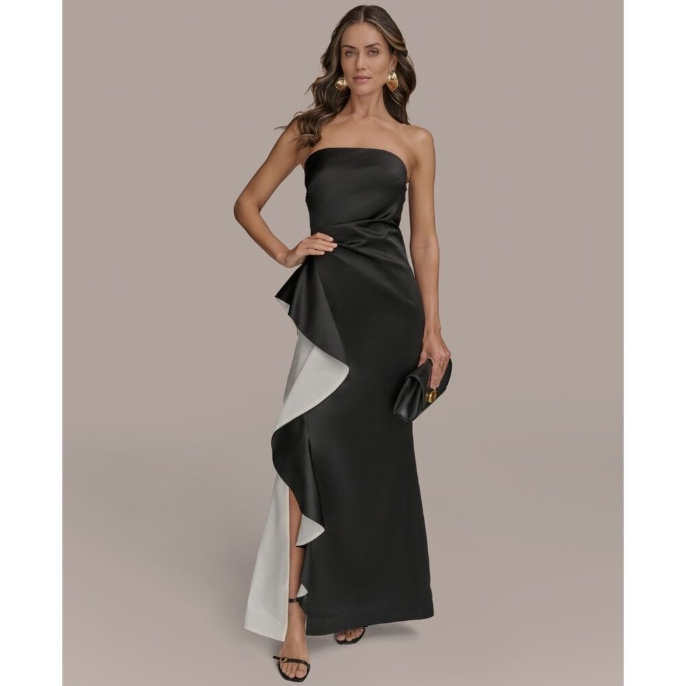 Donna Karan New York Strapless Contrast Ruffle Trim Slit Gown Size 6 Black $299
